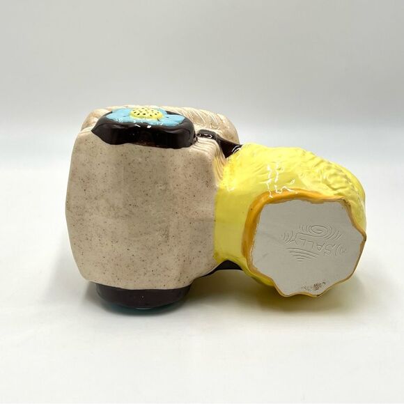 Vintage Ceramic Planter Yellow Duck Pulling Wicker Cart Blue Flower Daisy Wheels - Picture 7 of 11